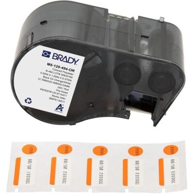 Brady, Etikettenrolle, M5-120-494-OR, Polyester, Schwarz auf Orange/Weiss, glänzend, 25,40 x 12,70 mm, Deckeletikett Brady, Etikettenrolle, M5-120-494-OR, Polyester, Schwarz auf Orange/Weiss, glänzend, 25,40 x 12,70 mm, Deckeletikett