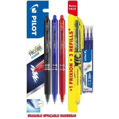 Pilot, Schreibstifte, FriXion Clicker 0,7 Bonuspack med 3 stk. ass. farver - inkl. overstregningspen og 3 refills (3x) Pilot, Schreibstifte, FriXion Clicker 0,7 Bonuspack med 3 stk. ass. farver - inkl. overstregningspen og 3 refills (3x)