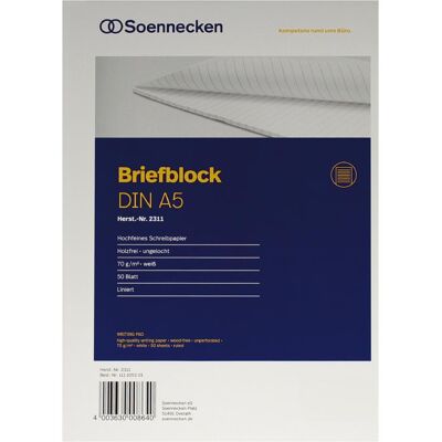 Soennecken, Heft + Block, Briefblock Papierformat: DIN A5 Ausführung der Lineatur: liniert (A5, Liniert, Kein Einband) Soennecken, Heft + Block, Briefblock Papierformat: DIN A5 Ausführung der Lineatur: liniert (A5, Liniert, Kein Einband)
