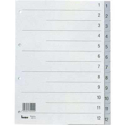 Bene, Ordner Zubehör, Ordnerregister Vollformat 1-12 grau 12-teilig, 1 Satz Bene, Ordner Zubehör, Ordnerregister Vollformat 1-12 grau 12-teilig, 1 Satz