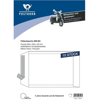 Posthorn, Etiketten, Faltentasche DIN B4 250 x 353 mm (B x H) ohne Fenster 120g/m² mit Haftklebung Papier braun 10 St.... Posthorn, Etiketten, Faltentasche DIN B4 250 x 353 mm (B x H) ohne Fenster 120g/m² mit Haftklebung Papier braun 10 St....
