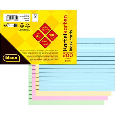 Idena, Karteikarten, Karteikarten liniert 180g/m² DIN A6 200 Stück 4fach sortiert (A6, 200x, 180 g/m²) Idena, Karteikarten, Karteikarten liniert 180g/m² DIN A6 200 Stück 4fach sortiert (A6, 200x, 180 g/m²)