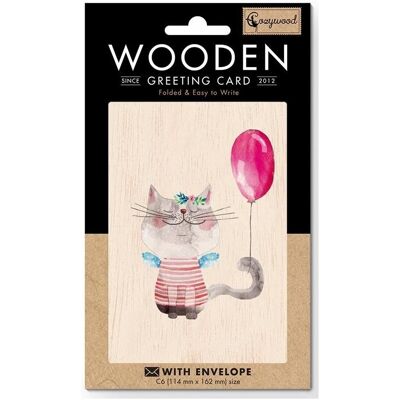 Cozywood, Grusskarte + Briefpapier, Holzkarte C6 + Umschlag Katze mit Luftballon Cozywood, Grusskarte + Briefpapier, Holzkarte C6 + Umschlag Katze mit Luftballon
