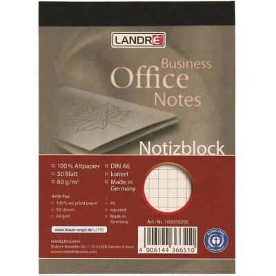 Landré, Heft + Block, Recycling A6 gefälzelter Notizblock (A6, Kariert) Landré, Heft + Block, Recycling A6 gefälzelter Notizblock (A6, Kariert)