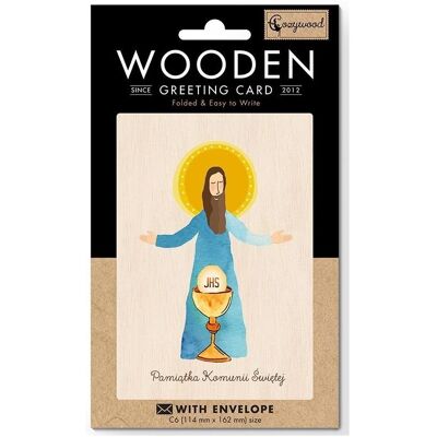Cozywood, Grusskarte + Briefpapier, Holzkarte C6 Kommunion Jesus + Umschlag Cozywood, Grusskarte + Briefpapier, Holzkarte C6 Kommunion Jesus + Umschlag