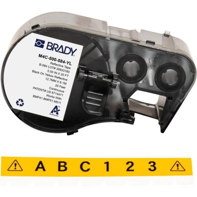 Brady, Etikettenrolle, M4C-500-584-YL, reflektierendes Vinylband, Schwarz auf Gelb, 12.70 mm x 6.10 m, permanent, E (12.70 mm) Brady, Etikettenrolle, M4C-500-584-YL, reflektierendes Vinylband, Schwarz auf Gelb, 12.70 mm x 6.10 m, permanent, E (12.70 mm)
