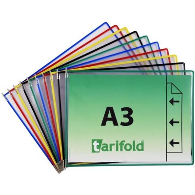 Tarifold, Informationsschild, 10 Sichttafeln mit 5 Aufsteckreitern DIN A3 quer farbsortiert, Öffnung seitlich Tarifold, Informationsschild, 10 Sichttafeln mit 5 Aufsteckreitern DIN A3 quer farbsortiert, Öffnung seitlich