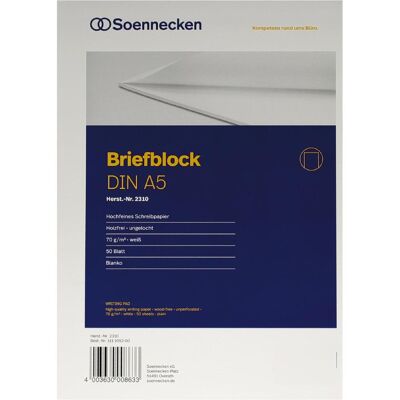 Soennecken, Heft + Block, Briefblock DIN A5 blanko 70g/m² weiss 50 (A5, Blanko, Kein Einband) Soennecken, Heft + Block, Briefblock DIN A5 blanko 70g/m² weiss 50 (A5, Blanko, Kein Einband)
