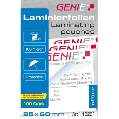 Genie, Laminierfolie, Laminiertaschen 100 im Visitenkartenformat - Folien (Visitenkartenformat, 100 Stk., 100 µm) Genie, Laminierfolie, Laminiertaschen 100 im Visitenkartenformat - Folien (Visitenkartenformat, 100 Stk., 100 µm)