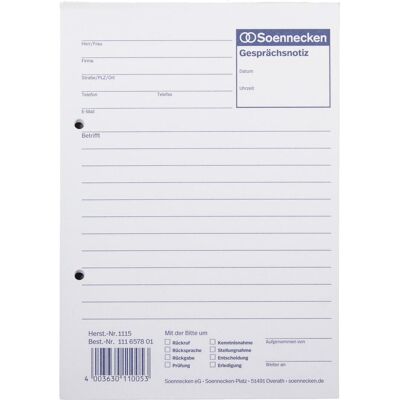 Soennecken, Formular, Gesprächsnotiz Formular Papierformat: DIN A5 Anzahl der Blätter: 50 Bl. (50x) Soennecken, Formular, Gesprächsnotiz Formular Papierformat: DIN A5 Anzahl der Blätter: 50 Bl. (50x)