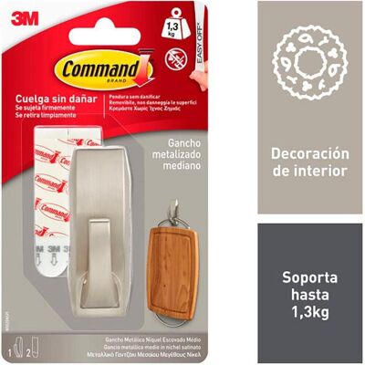 3M Klebehaken + Klebenagel, Command medium hook, polished nickel, 29 x 79 x 29 mm, 1 piece + 2 strips, max. load 1,3 kg 3M Klebehaken + Klebenagel, Command medium hook, polished nickel, 29 x 79 x 29 mm, 1 piece + 2 strips, max. load 1,3 kg