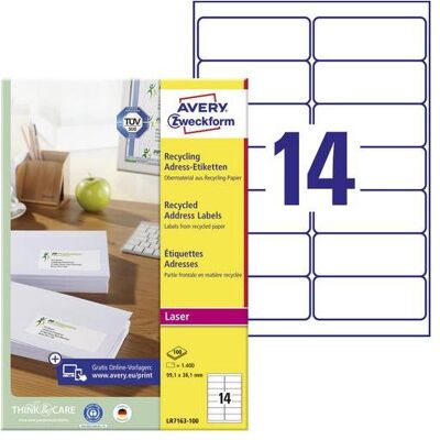 Avery Etiketten, Recycelte Adressetiketten LR7163-100 99.1 x 38.1 mm Weiss 1400 Labels Avery Etiketten, Recycelte Adressetiketten LR7163-100 99.1 x 38.1 mm Weiss 1400 Labels