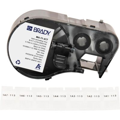 Brady, Etikettenrolle, M4-11-427, selbstlaminierendes Vinyl, Weiss/Transparent, 12.70 x 9.53(19.05) mm, permanent, f (12.70 mm) Brady, Etikettenrolle, M4-11-427, selbstlaminierendes Vinyl, Weiss/Transparent, 12.70 x 9.53(19.05) mm, permanent, f (12.70 mm)