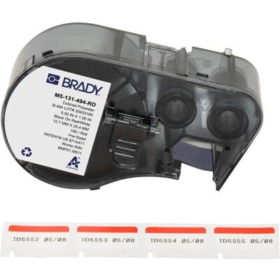 Brady, Etikettenrolle, M5-131-494-RD, Polyester, Schwarz auf Rot/Weiss, glänzend, 25.40 x 12.70 mm, permanent (180 E Brady, Etikettenrolle, M5-131-494-RD, Polyester, Schwarz auf Rot/Weiss, glänzend, 25.40 x 12.70 mm, permanent (180 E