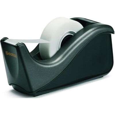 3M Klebebandabroller, Scotch Tischabroller C60, ausklappbar, grau-schwarz geschwungenes Design, beschwert und standfest 3M Klebebandabroller, Scotch Tischabroller C60, ausklappbar, grau-schwarz geschwungenes Design, beschwert und standfest