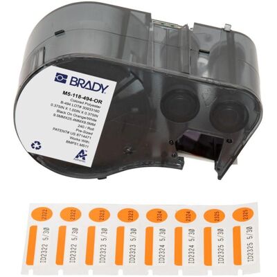 Brady, Etikettenrolle, M5-118-494-OR, Polyester, Schwarz auf Orange/Weiss, glänzend, 25,40 x 9,53 mm, Deckeletikett Brady, Etikettenrolle, M5-118-494-OR, Polyester, Schwarz auf Orange/Weiss, glänzend, 25,40 x 9,53 mm, Deckeletikett