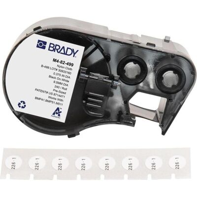 Brady, Etikettenrolle, M4-82-499, Nylongewebe, Schwarz auf weiss, Deckeletikett 9.53 mm rund, permanent (240 E.) Brady, Etikettenrolle, M4-82-499, Nylongewebe, Schwarz auf weiss, Deckeletikett 9.53 mm rund, permanent (240 E.)