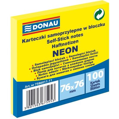 Donau, Haftnotiz, Selbstklebeblock, 76x76mm, 1x100 blatt, neon, gelb (76 x 76 mm) Donau, Haftnotiz, Selbstklebeblock, 76x76mm, 1x100 blatt, neon, gelb (76 x 76 mm)