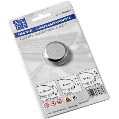 Alco, Magnet, Superkraftmagnet, silber gebürstet 30mm (1x) Alco, Magnet, Superkraftmagnet, silber gebürstet 30mm (1x)