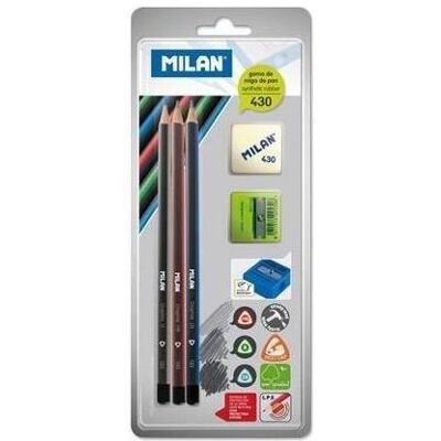 Milan, Bleistift, Dreieckige Bleistifte 3* + quadratischer Radiergummi und Temp. MAILAND (2B, B, HB, 3x) Milan, Bleistift, Dreieckige Bleistifte 3* + quadratischer Radiergummi und Temp. MAILAND (2B, B, HB, 3x)