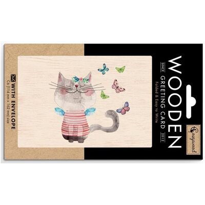 Cozywood, Grusskarte + Briefpapier, Holzkarte C6 + Umschlag Katze und Schmetterlinge Cozywood, Grusskarte + Briefpapier, Holzkarte C6 + Umschlag Katze und Schmetterlinge