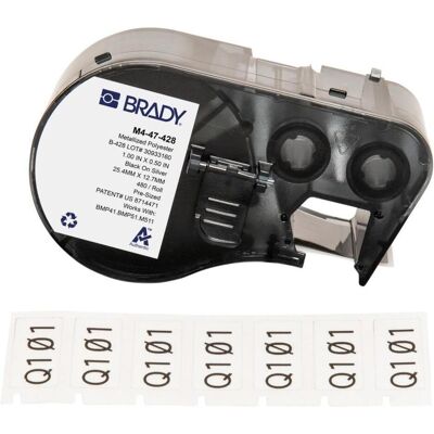 Brady, Etikettenrolle, M4-47-428, metallisierter Polyester, Schwarz auf Silber, 25.40 x 12.70 mm, permanent (480 E. Brady, Etikettenrolle, M4-47-428, metallisierter Polyester, Schwarz auf Silber, 25.40 x 12.70 mm, permanent (480 E.