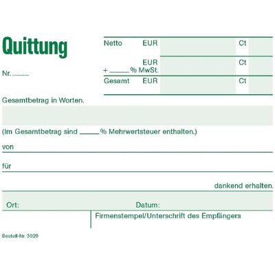 Rnk, Formular, Verlag Quittung mit MwSt. separat ausgewiesen, mit fortlaufenden Nummern Formularbuch 3029 (50x) Rnk, Formular, Verlag Quittung mit MwSt. separat ausgewiesen, mit fortlaufenden Nummern Formularbuch 3029 (50x)