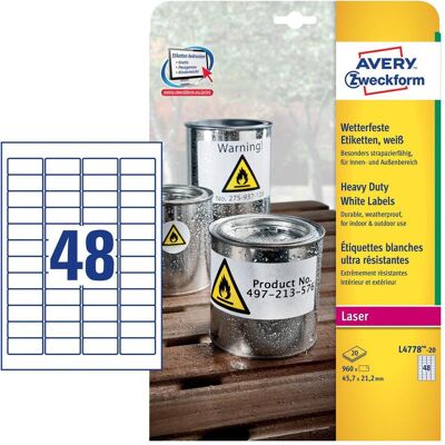 Avery Etiketten, Weisse Polyester-Etiketten - für Laserdrucker - 45,7 x 21,2 mm Avery Etiketten, Weisse Polyester-Etiketten - für Laserdrucker - 45,7 x 21,2 mm