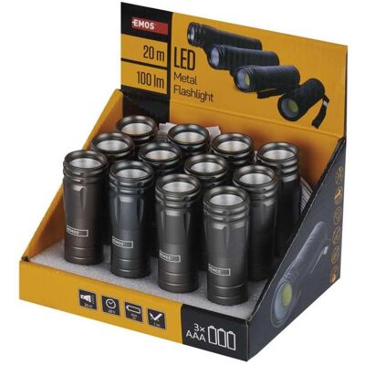 Emos, Taschenlampe, COB LED ruční kovová svítilna P4705, 100 lm, 3× AAA, 12 ks, display box (10.20 cm, 100 lm) Emos, Taschenlampe, COB LED ruční kovová svítilna P4705, 100 lm, 3× AAA, 12 ks, display box (10.20 cm, 100 lm)