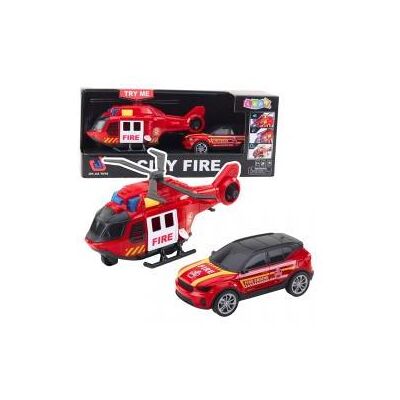 Lean Toys Set: Hubschrauber, Feuerwehrauto, Feuerwehr, Lichter, Geräusche Lean Toys Set: Hubschrauber, Feuerwehrauto, Feuerwehr, Lichter, Geräusche