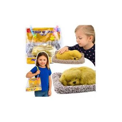 Lean Toys Schlafender Labradorwelpe auf einem Kissen, Figur mit Fell und transparentem Beutel Lean Toys Schlafender Labradorwelpe auf einem Kissen, Figur mit Fell und transparentem Beutel