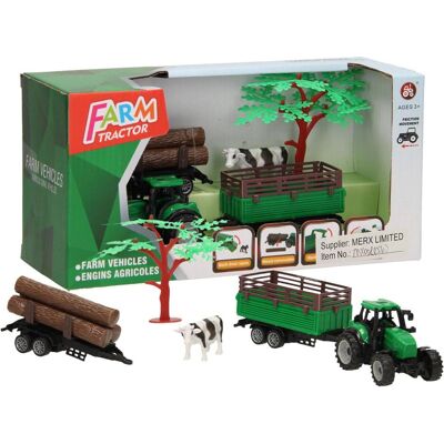 Lobbes Traktor mit Anhänger, Baumstämmen und Kuh Lobbes Traktor mit Anhänger, Baumstämmen und Kuh