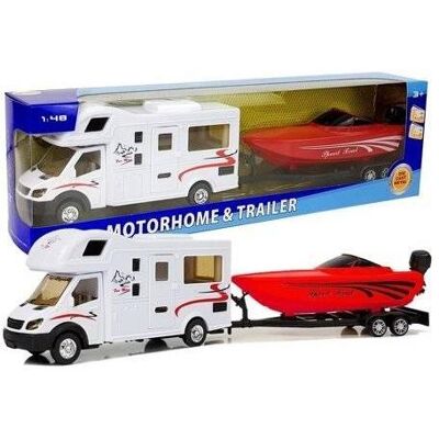 Lean Toys Camper mit rotem Motorboot und Friktionsgetriebe 1:48 Lean Toys Camper mit rotem Motorboot und Friktionsgetriebe 1:48