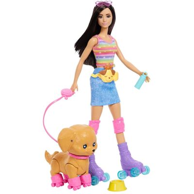 Barbie Brünette „Pets Skate and Run“ Barbie-Puppe mit Hündchen, Rollschuhen und Zubehör Barbie Brünette „Pets Skate and Run“ Barbie-Puppe mit Hündchen, Rollschuhen und Zubehör