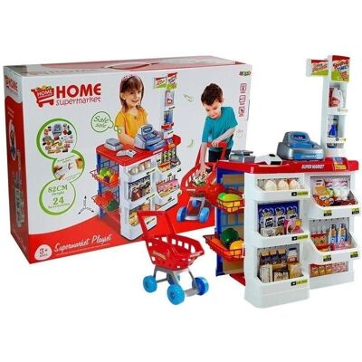 Lean Toys Spielzeugmarkt mit Einkaufswagen, Registrierkasse, Scanner, Lebensmitteleinkauf Lean Toys Spielzeugmarkt mit Einkaufswagen, Registrierkasse, Scanner, Lebensmitteleinkauf