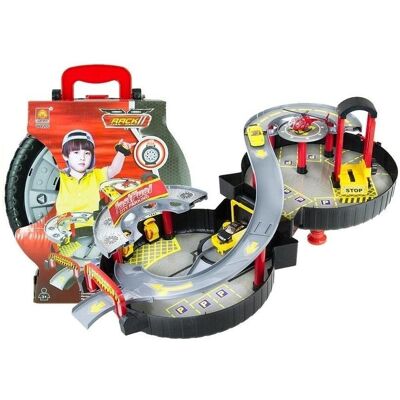 Lean Toys Parkhausauto in einem Kofferkreis eingeschlossen Lean Toys Parkhausauto in einem Kofferkreis eingeschlossen