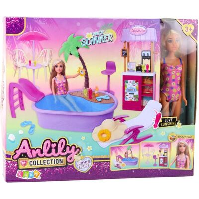 Lean Toys Anlily Puppenset am Strand mit Pool, Palme, Getränkeständer und Zubehör Lean Toys Anlily Puppenset am Strand mit Pool, Palme, Getränkeständer und Zubehör