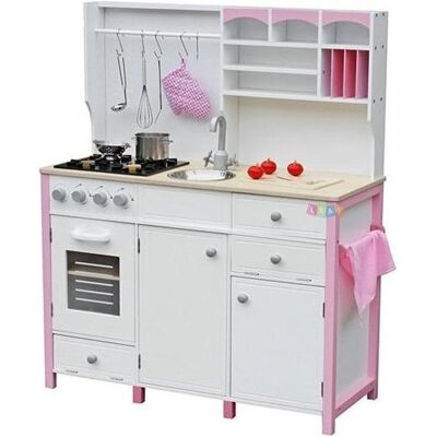 Lean Toys Leantoys Holz-Kinderküche Paula rosa-weiss mit Öffnungselementen Lean Toys Leantoys Holz-Kinderküche Paula rosa-weiss mit Öffnungselementen