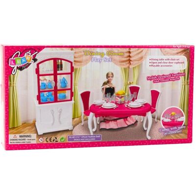 Lean Toys Puppen-Essgruppe: Tisch, Stühle, Anrichte, Geschirr Lean Toys Puppen-Essgruppe: Tisch, Stühle, Anrichte, Geschirr