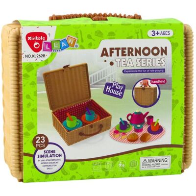 Lean Toys, Kaufladen Zubehör, Teeservice im Korb, Tassen, Teller, Süssigkeiten, 23-teilig. Lean Toys, Kaufladen Zubehör, Teeservice im Korb, Tassen, Teller, Süssigkeiten, 23-teilig.