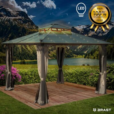 Brast Alu Pavillon PAGODE 3,5x3,5m hellgrau mit Moskitonetz & LED-Beleuchtung Brast Alu Pavillon PAGODE 3,5x3,5m hellgrau mit Moskitonetz & LED-Beleuchtung