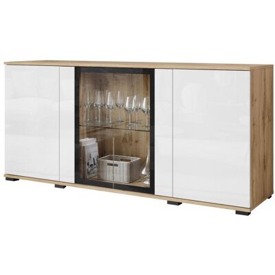 P & B , Eiche Wotan, Weiß Hochglanz , Glas, Holzwerkstoff , 3 Fächer , 150x69.7x39.5 cm , FSC , stehend , Kleinmöbel, Kommoden, Sideboards P & B , Eiche Wotan, Weiß Hochglanz , Glas, Holzwerkstoff , 3 Fächer , 150x69.7x39.5 cm , FSC , stehend , Kleinmöbel, Kommoden, Sideboards