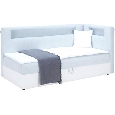 Ondega , Weiß, Hellblau , Textil , Lederlook,Lederlook , H2 + H3 , 90x200 cm , Bettkasten, gepolstertes Kopfteil, Beleuchtung , Ondega , Weiß, Hellblau , Textil , Lederlook,Lederlook , H2 + H3 , 90x200 cm , Bettkasten, gepolstertes Kopfteil, Beleuchtung ,