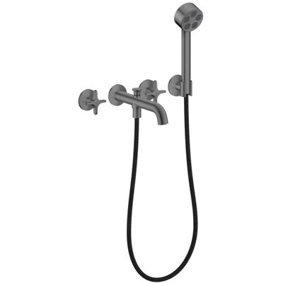 Hansgrohe AXOR One 3-Loch Wannenarmatur 48443340 Unterputz, Ausladung 220mm, mit Handbrause, mit Kreuzgriff, brushed black chrome Hansgrohe AXOR One 3-Loch Wannenarmatur 48443340 Unterputz, Ausladung 220mm, mit Handbrause, mit Kreuzgriff, brushed black chrome