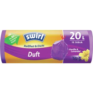 Melitta Swirl®  Duft - Müllbeutel Reißfest, Vanille-Lavendel, 20 Liter, Reißfeste und dichte Mülltüte mit frischem Duft, 1 Rolle =  12 Beutel