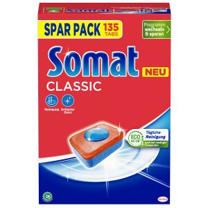 Henkel AG & Co. KGaA Somat Spülmaschinentabs Classic, Tablettenförmiger Geschirr-Reiniger für die tägliche Reinigung, 1 Spar Pack = 135 Tabs