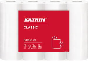 Metsä Tissue KATRIN Küchenrolle Classic Kitchen 50, 23 x 22,5 cm, weiß, 2-lagiges Küchenpapier für Bereiche mit niedrigem bis mittlerem Verbrauch, 1 Packung = 4 Rollen