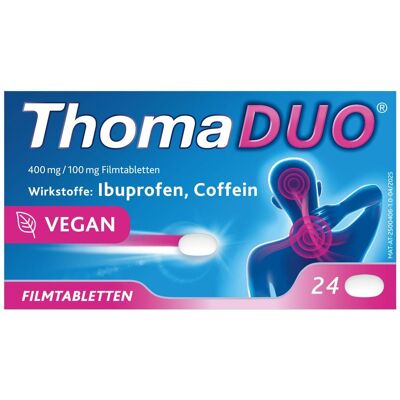 ThomaDUO® Ibuprofen 400mg – Nichts wirkt schneller*. Mit Coffein-Booster Filmtabletten 24 St 24 St Filmtabletten ThomaDUO® Ibuprofen 400mg – Nichts wirkt schneller*. Mit Coffein-Booster Filmtabletten 24 St 24 St Filmtabletten