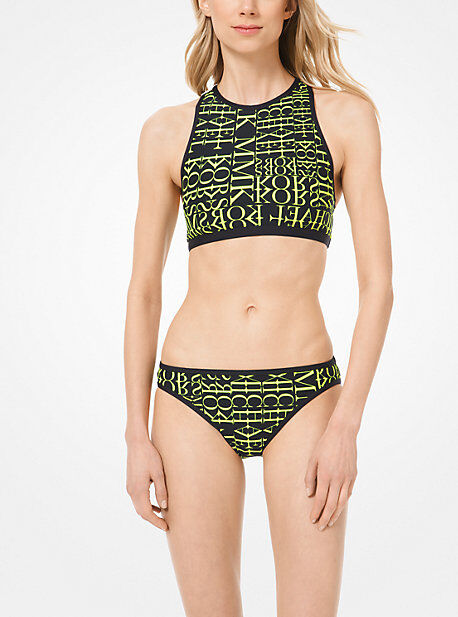 MICHAEL Michael Kors MK Newsprint Logo Racerback Bikini Top - Black/neon Yellow