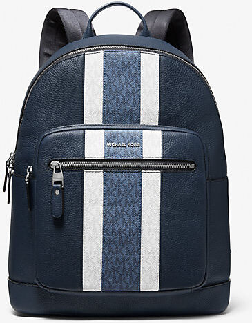 Michael Kors Mens MK Hudson Pebbled Leather and Logo Stripe Backpack - Navy